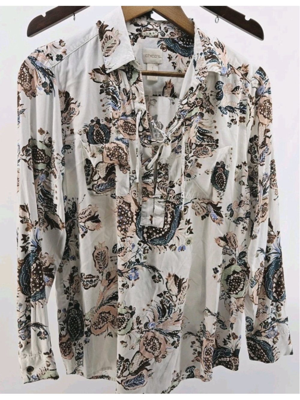 Chicos Womens Size 1 Floral Paisley Lace Up Long Sleeve Blouse Boho Tunic Top
